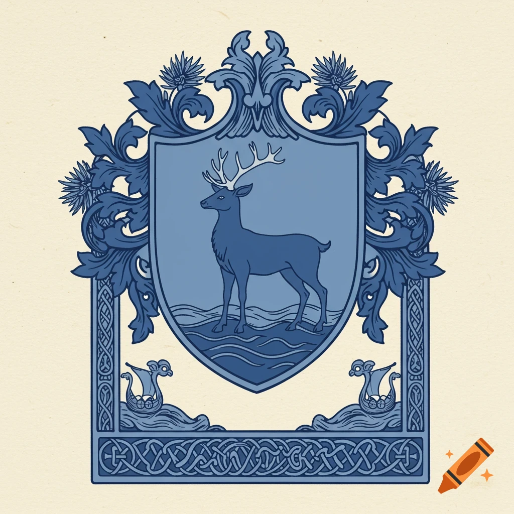 A stylized family crest in shades of blue, featuring a stag standing on waves within a shield. The shield is surrounded by ornate foliage and thistles, with Viking longships and Celtic knot patterns at the bottom.