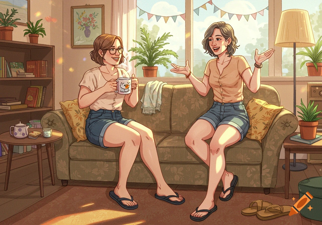 Two smiling women in jean shorts and flip-flops talk on a sofa in a bright, cozy living room, in an illustrated style.