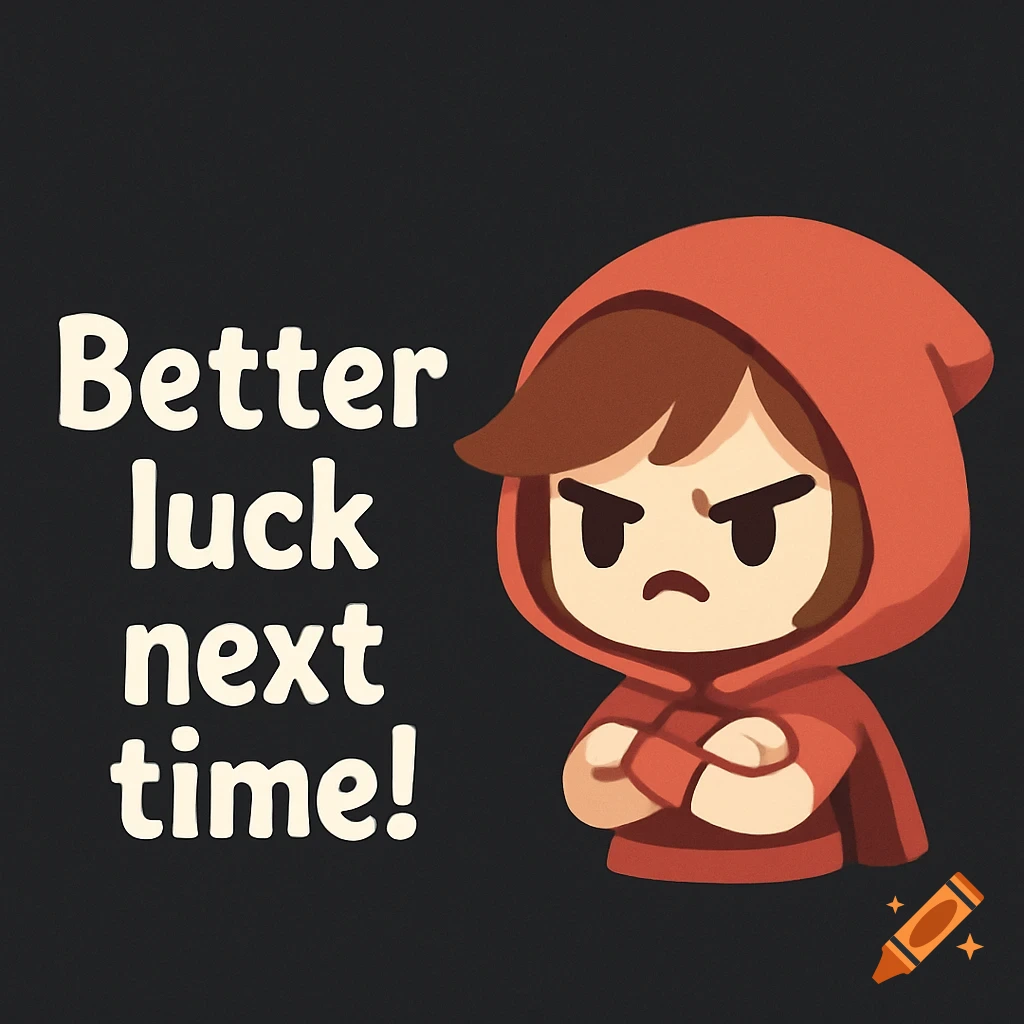 Cartoon chibi character in a red hood, with a frowny face and crossed arms, next to the text 'Better luck next time!' on a dark background.