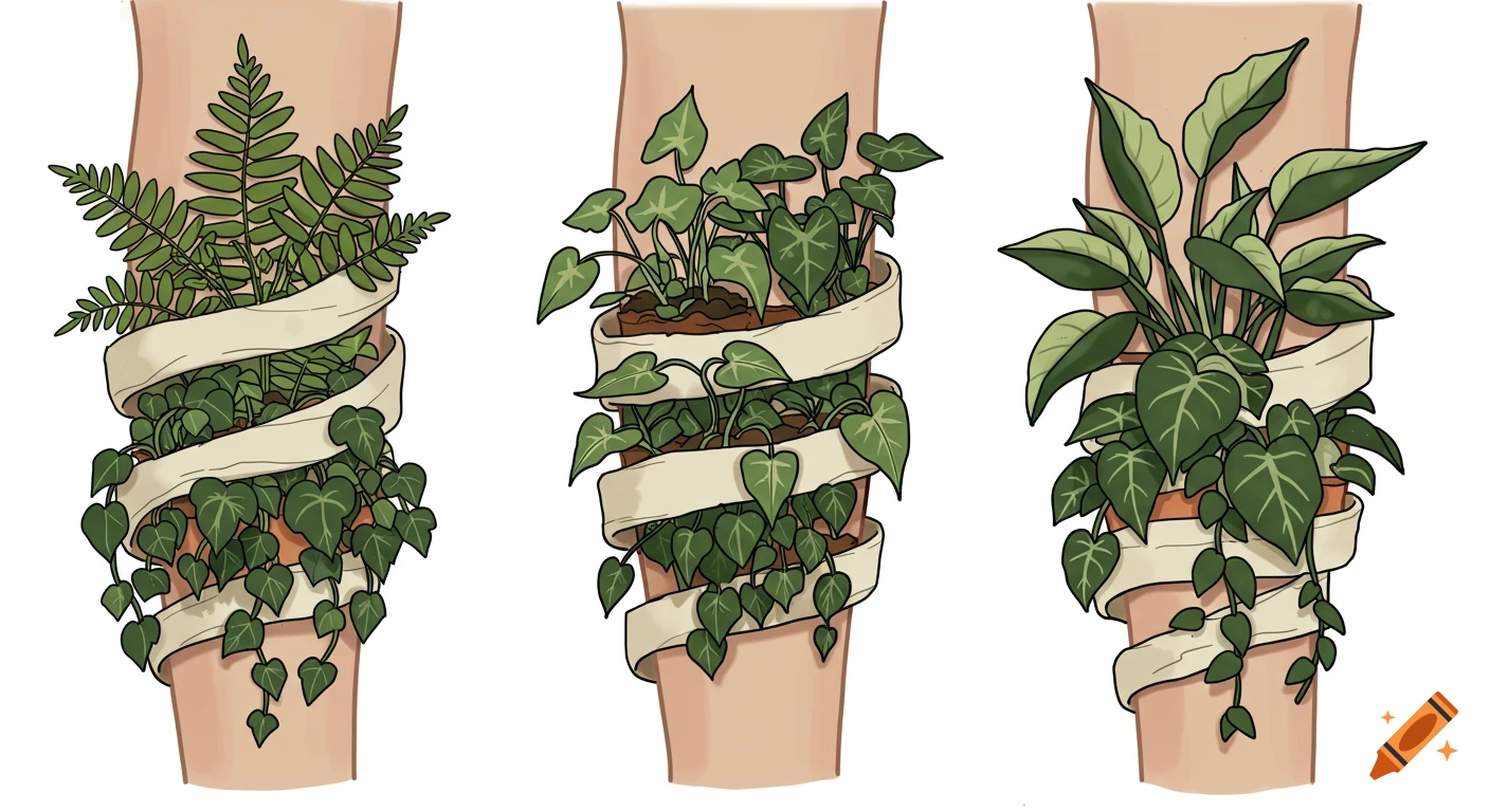 Three illustrations of green houseplants in pots wrapped with a beige banner around a limb, each with different leaf types.