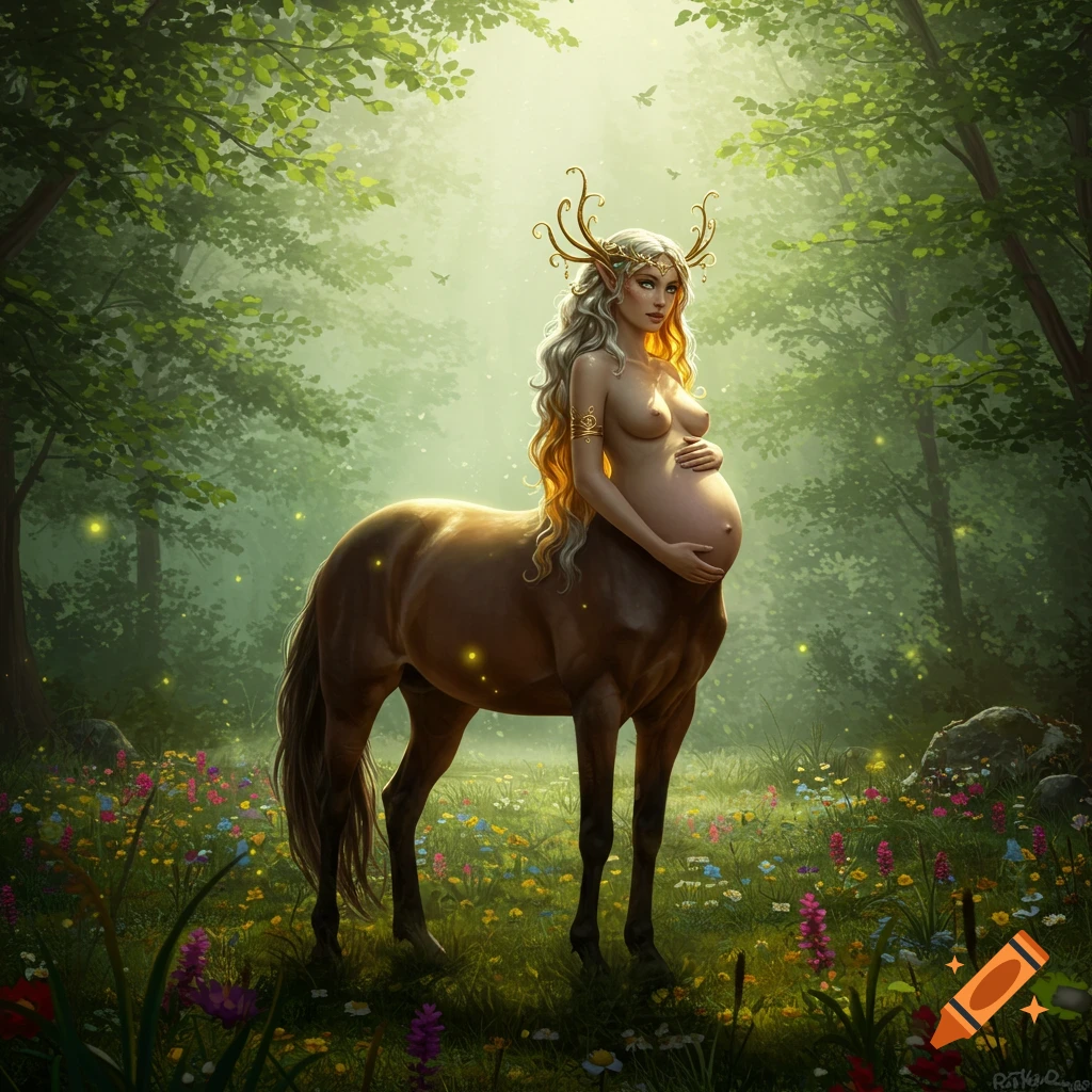 A pregnant centaur with long white hair and antlers stands topless in a sun-dappled forest clearing filled with wildflowers.