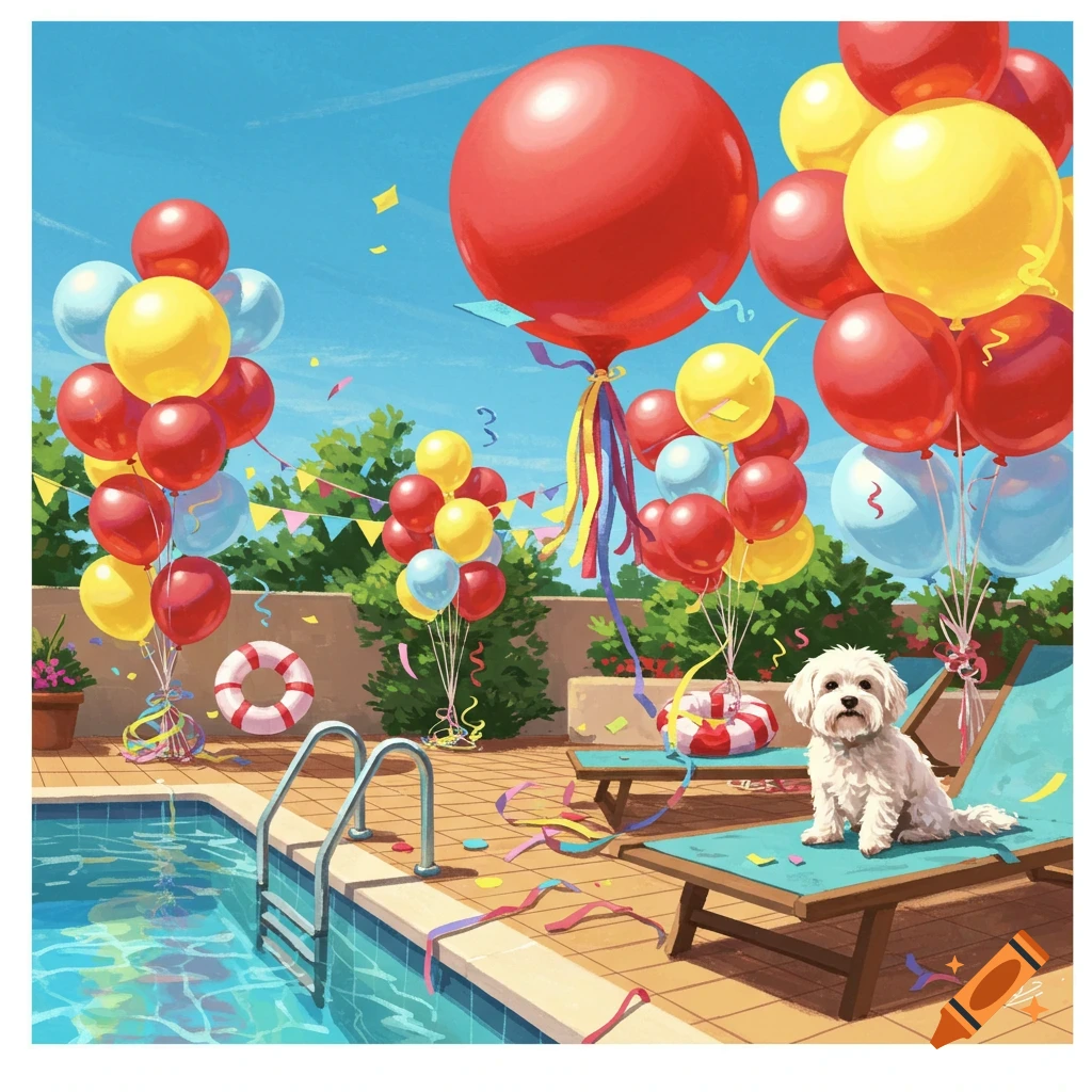 A small white dog sits on a blue lounge chair by a swimming pool, surrounded by many red and yellow balloons and colorful confetti, under a bright blue sky, in a vibrant illustration style.