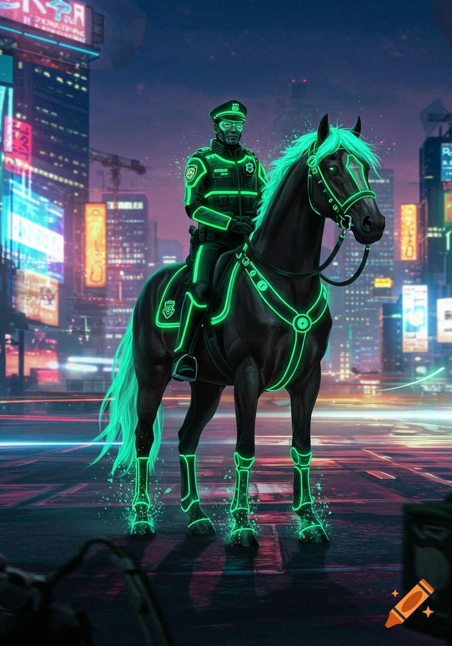Cyberpunk police officer on a horse in a neon green uniform, glowing against a futuristic city skyline at night.