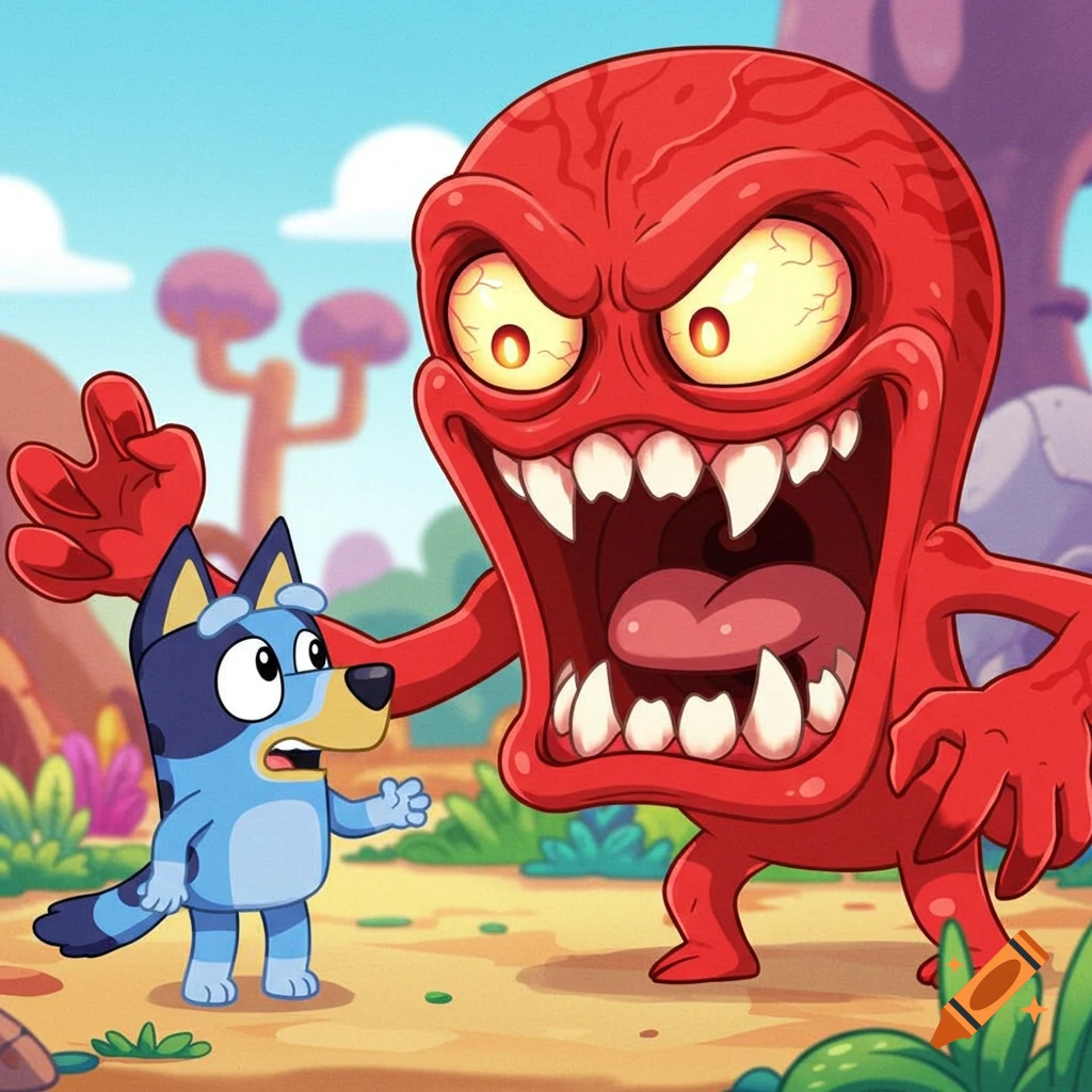 Bluey cartoon dog looks scared at a red veiny monster with glowing eyes and sharp teeth roaring in a vibrant cartoon landscape.