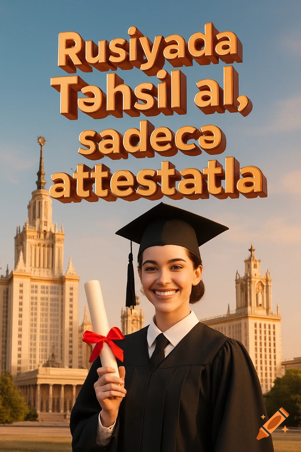 A smiling graduate in a cap and gown holds a diploma in front of a grand university building, with 3D text floating above her.