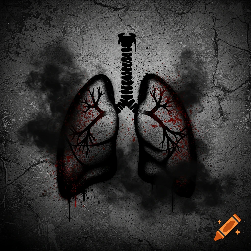 Stylized human lungs and trachea on a dark, cracked wall, with black smoke and red blood splatters, in a gritty spraypaint art style.