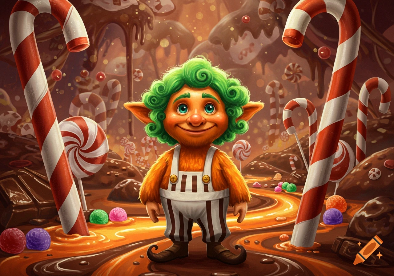A cute, smiling Oompa Loompa-like character with green curly hair stands in a vibrant candy land with chocolate rivers and candy canes.