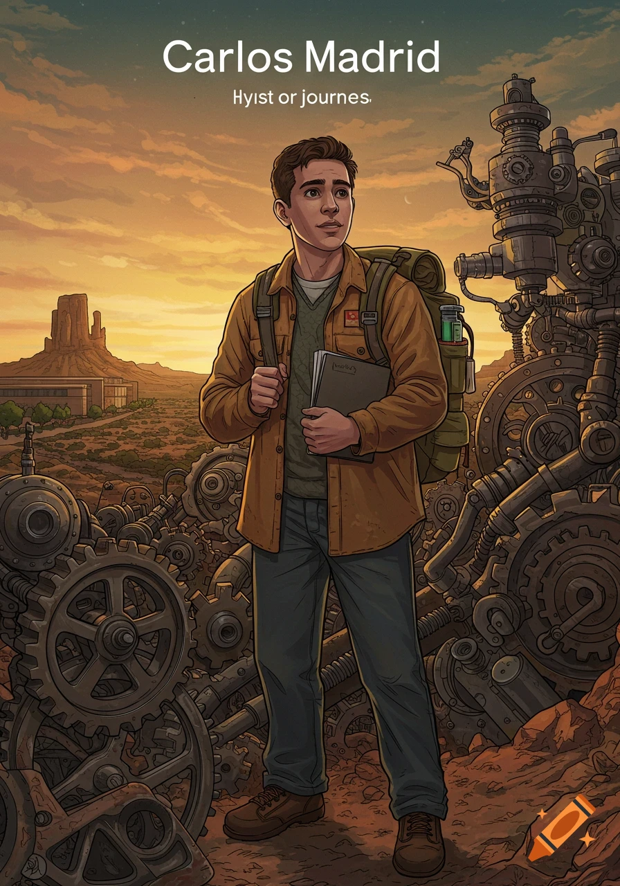 An illustration of a young man with a backpack and notebook, standing in a desert landscape filled with gears and machinery at sunset. Text overlay reads "Carlos Madrid Hyist or journes."