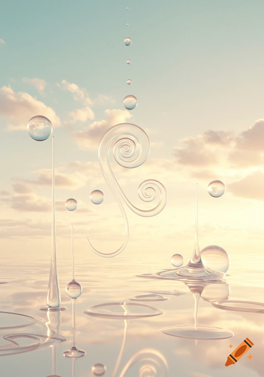 Abstract art of clear, swirling glass-like shapes and droplets on a reflective surface under a pastel cloudy sky.