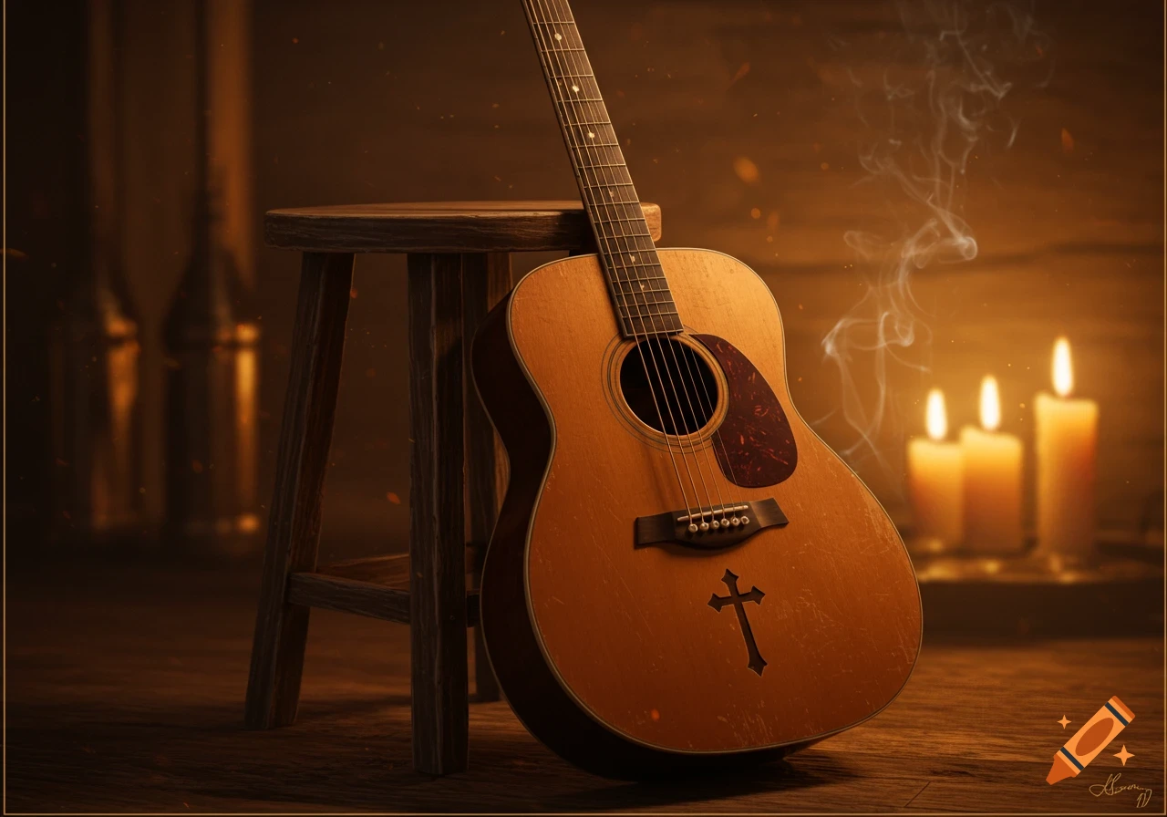 Acoustic guitar with a cross symbol leans against a wooden stool in a warm, dimly lit room with lit candles and smoke in the background, presented in a photorealistic style.