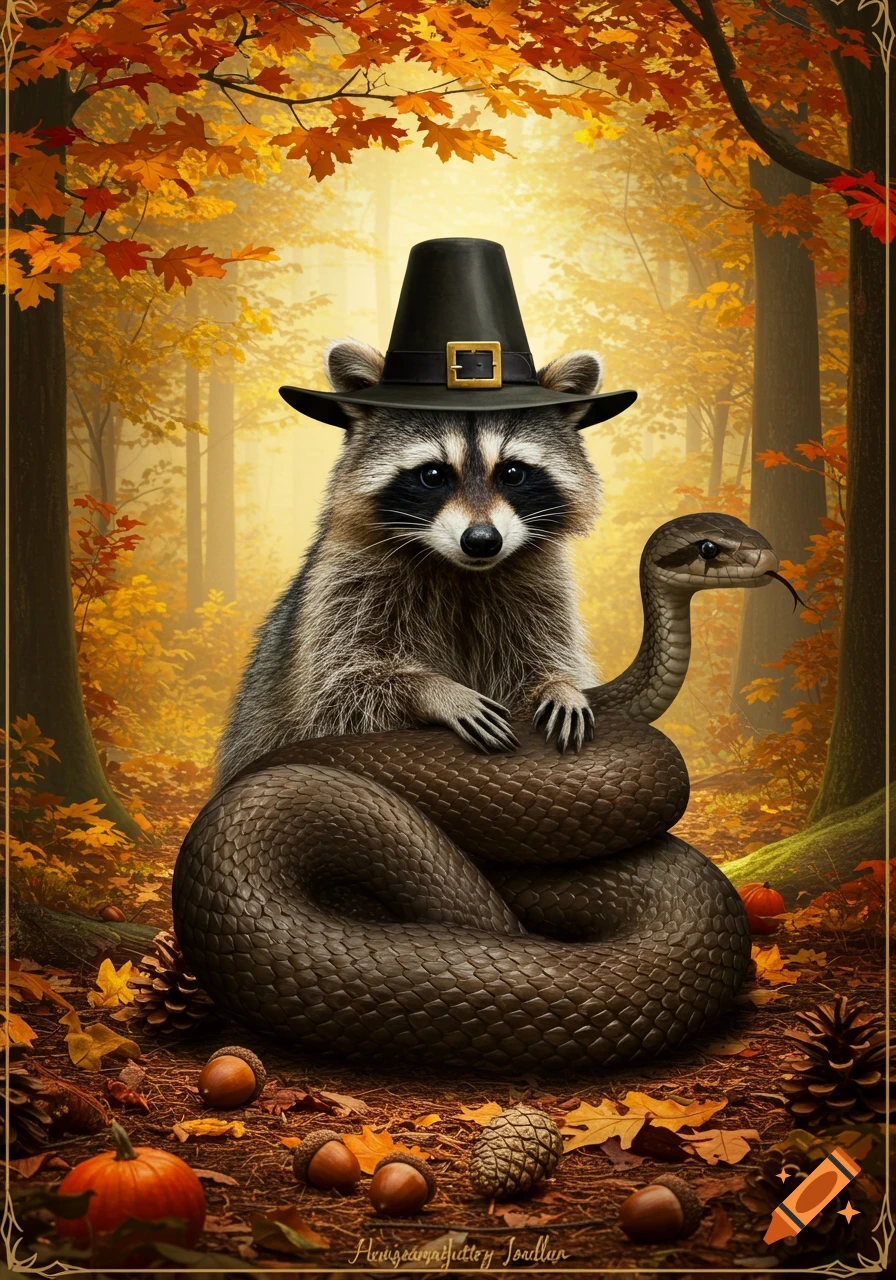 A cute raccoon wearing a black pilgrim hat rests its paws on a coiled snake in a vibrant autumn forest setting.