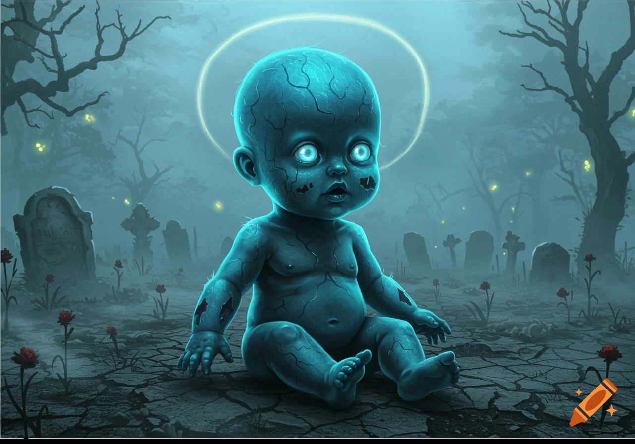 A glowing blue zombie baby with cracked skin and large eyes sits in a misty graveyard with gravestones and red roses.