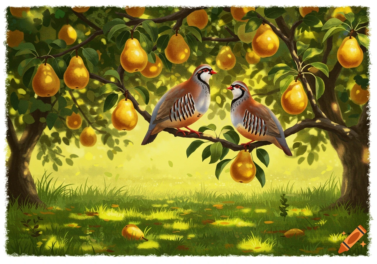 An illustrative painting of two partridges perched on a branch in a pear tree, with many ripe yellow pears.