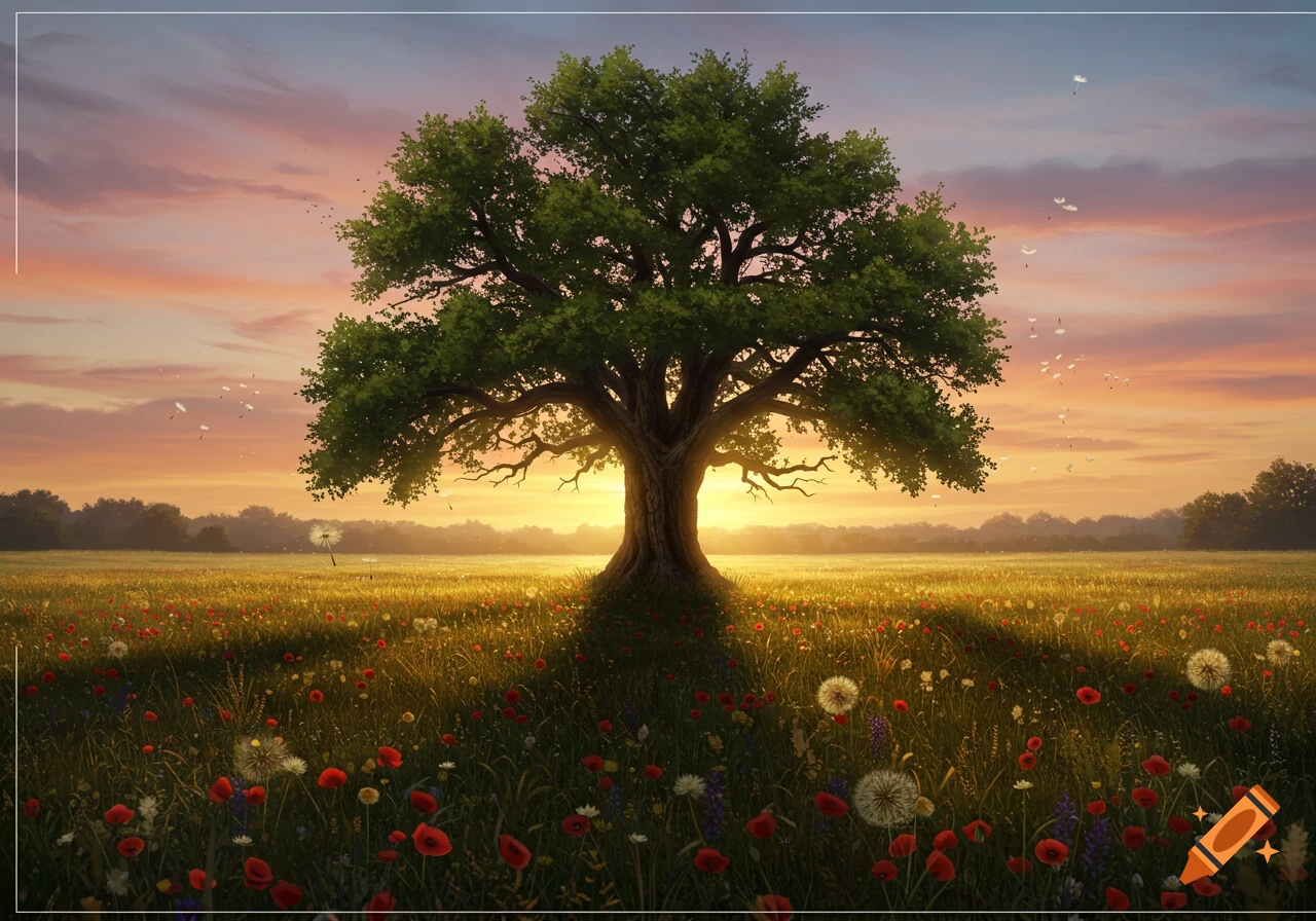 A large, ancient oak tree stands in a vibrant field of wildflowers at sunset, with an orange and pink sky.