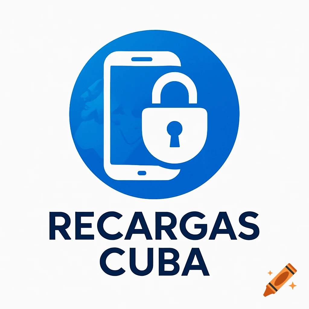 Logo with a white smartphone outline and padlock inside a blue circle, above the text RECARGAS CUBA.