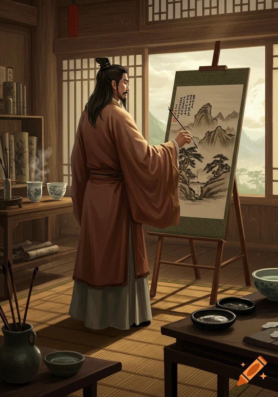 A man in traditional Chinese attire paints a landscape with a brush on an easel in a wooden room with an open window.