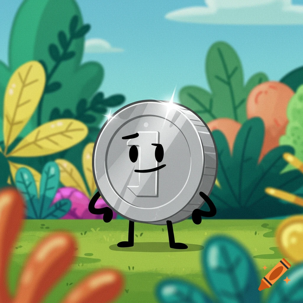 A cartoon silver coin character with a face and limbs stands in a colorful, lush cartoon jungle.