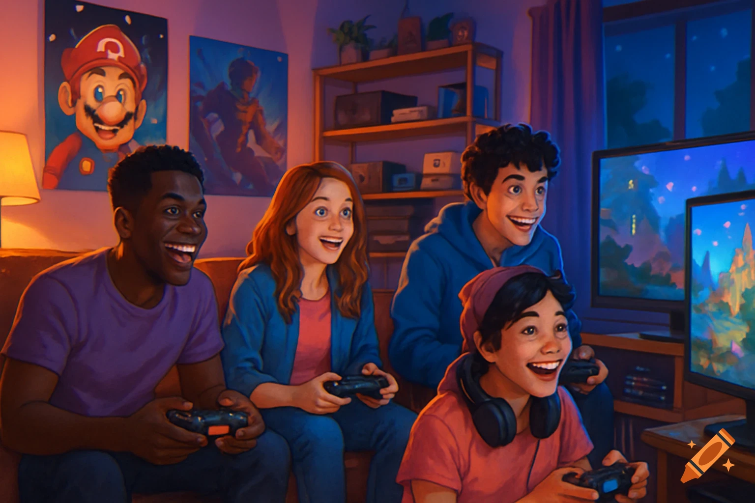Four diverse friends laugh joyfully, playing video games together in a cozy, digitally illustrated living room at night, with Mario art on the wall.
