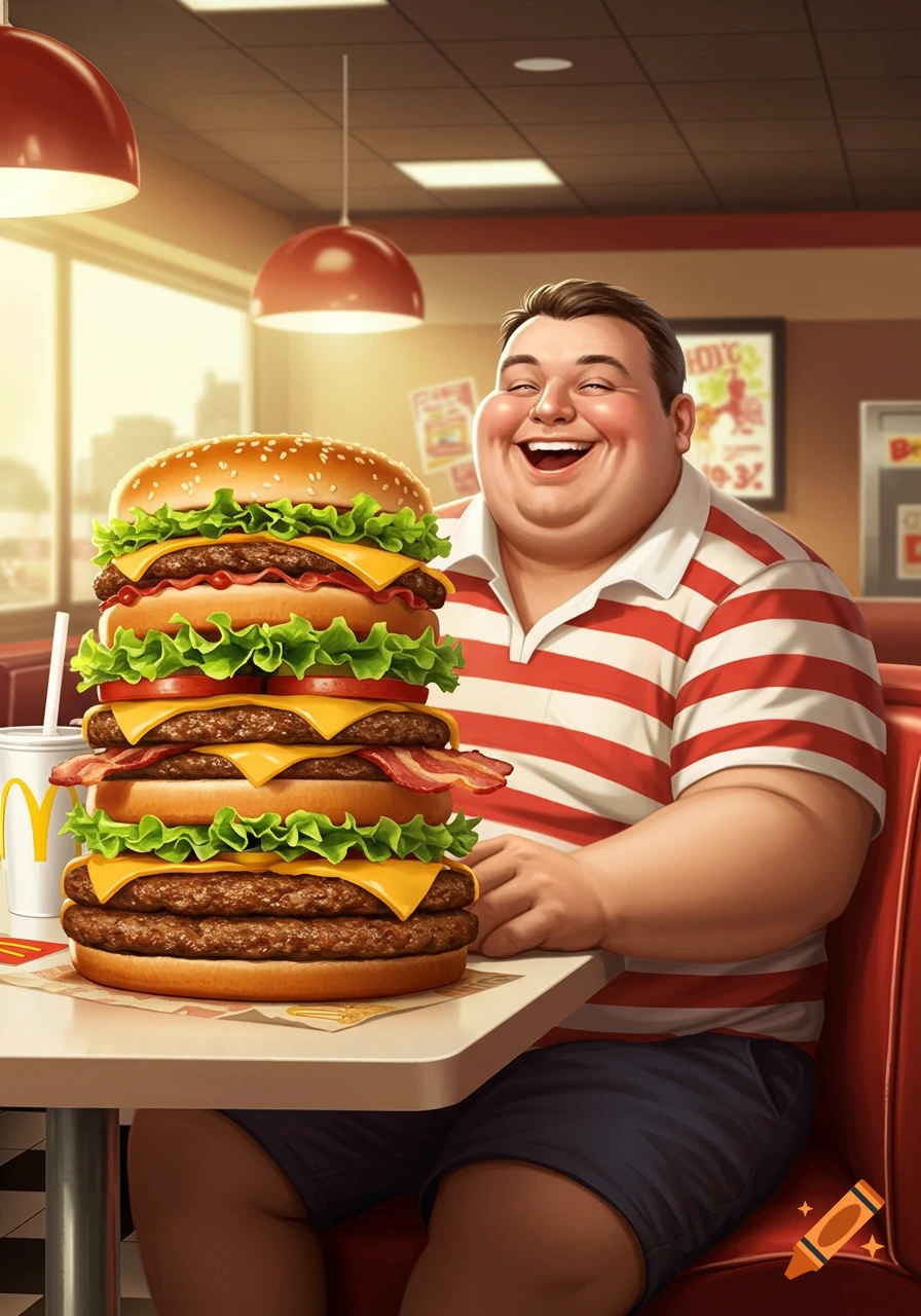 A laughing man sits with a gigantic multi-patty burger and a McDonald's cup at a fast-food restaurant table, stylized illustration.