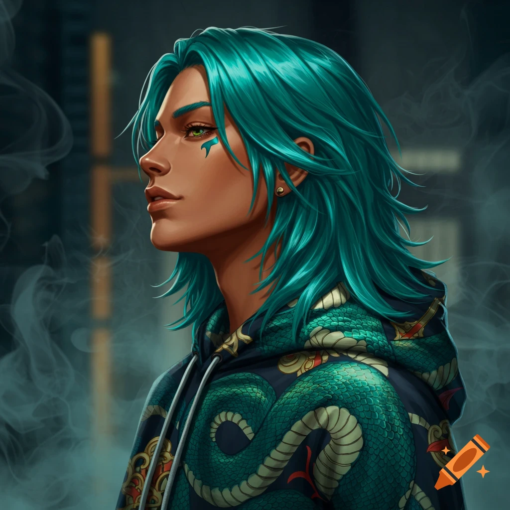 Stylized digital portrait of a person with long teal hair, tan skin, and a snake-patterned hoodie.