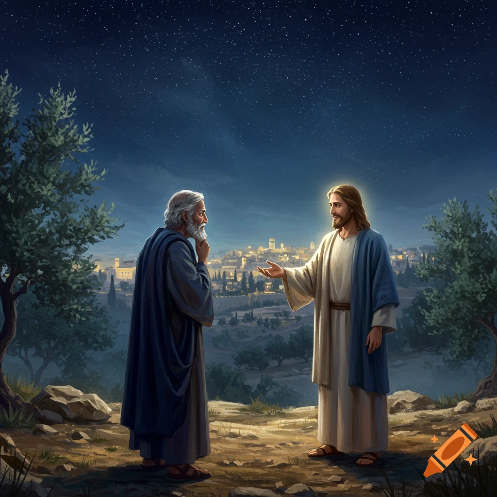 Jesus and an older man stand on a hillside at night, overlooking a city under a starry sky, in a religious illustration.