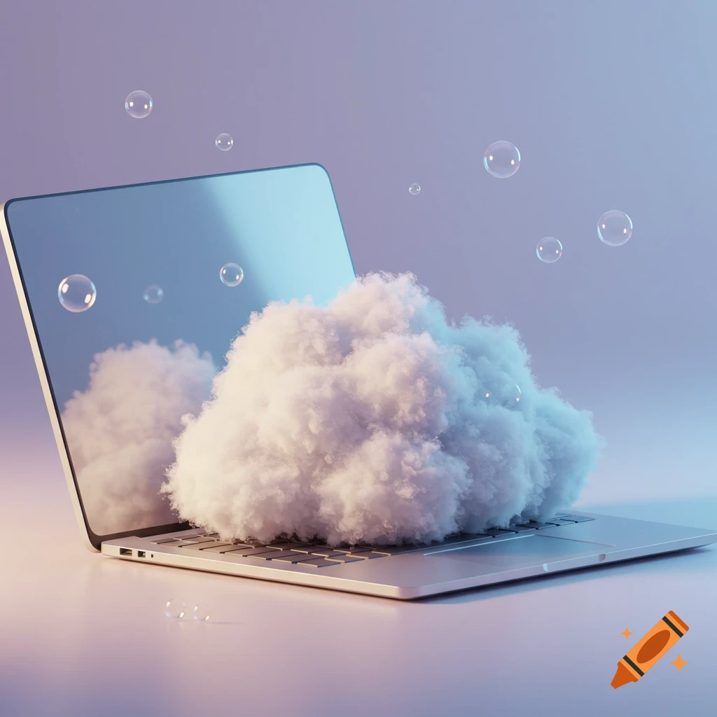 A silver laptop with a fluffy white cloud emerging from its screen, surrounded by iridescent bubbles, against a soft purple and blue gradient background.