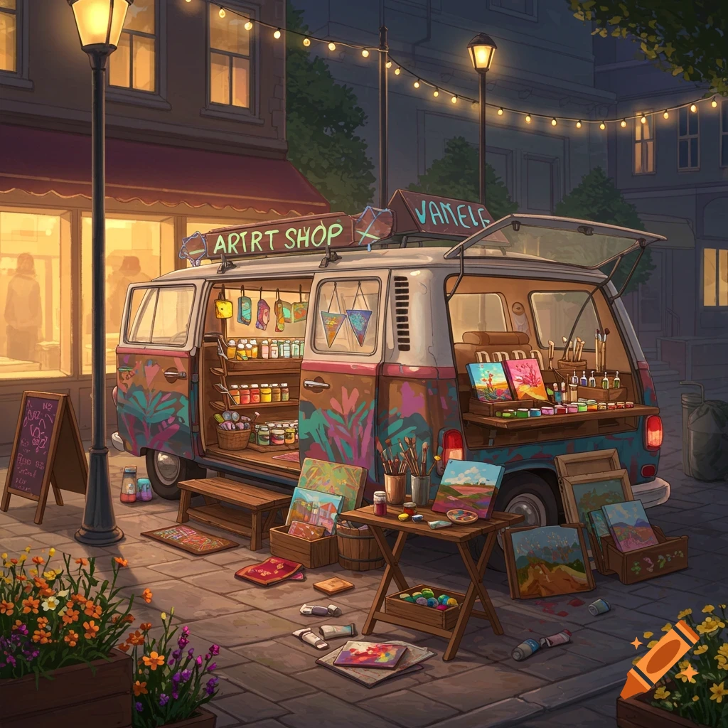 A colorful art shop in a vintage minivan on a cozy, illuminated street at night, with paintings and supplies displayed, in an illustration style.