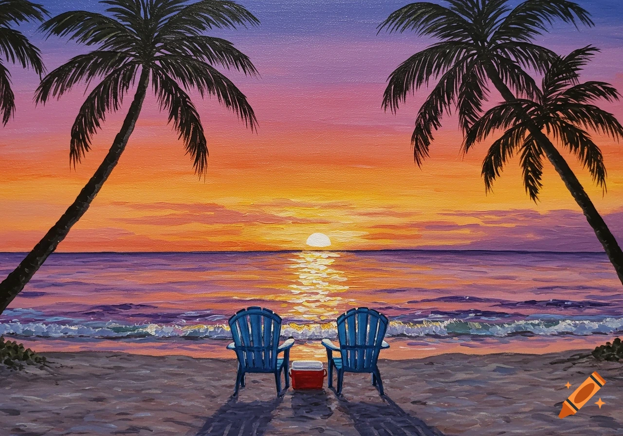 Acrylic painting of a vibrant sunset over a beach, with two blue Adirondack chairs and a cooler facing the ocean, framed by palm trees.
