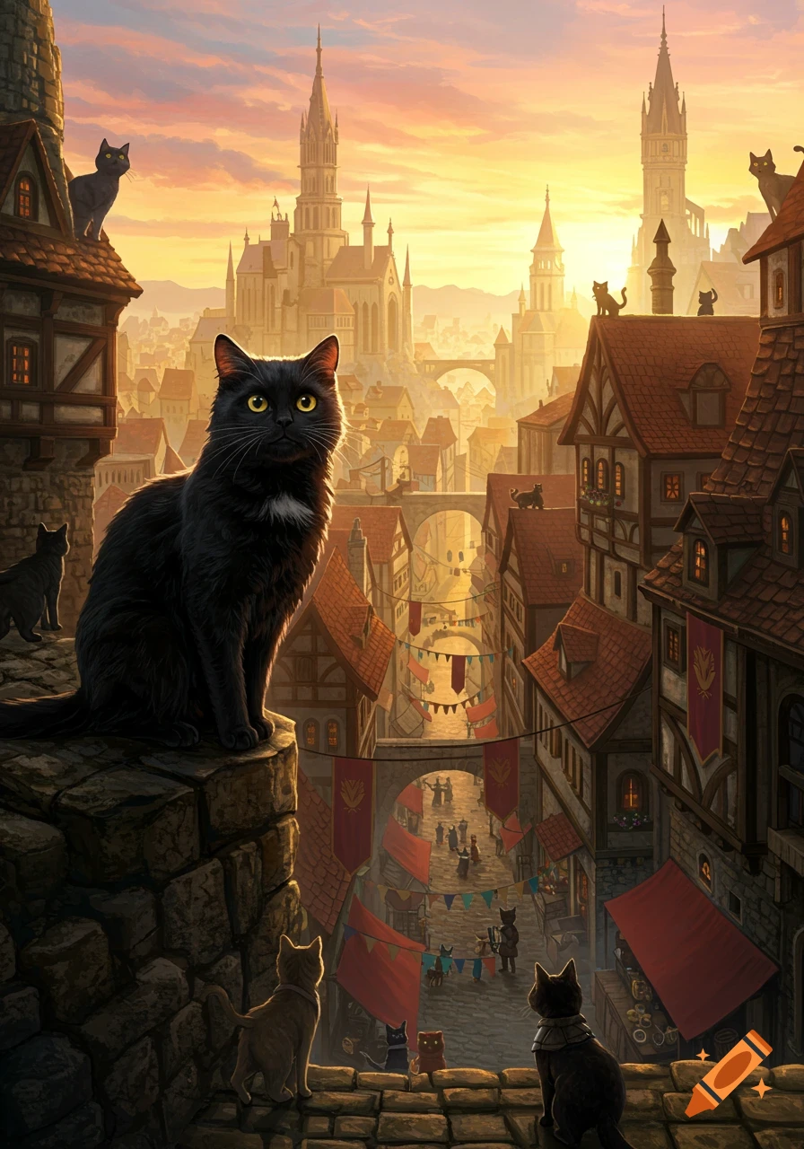 A black cat with golden eyes overlooks a bustling medieval fantasy city filled with cats at sunset, digital painting.