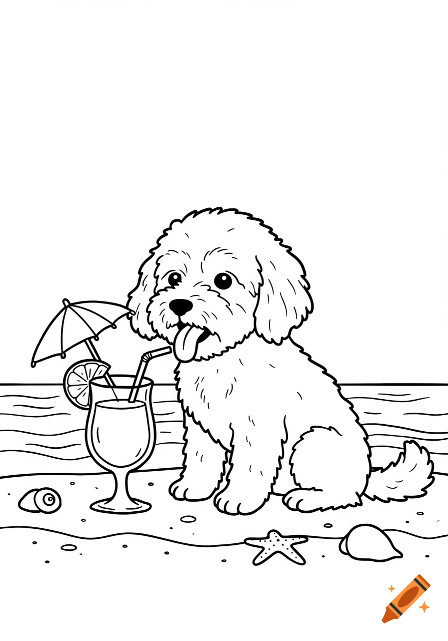 A cartoon Goldendoodle dog on a beach next to a piña colada under an umbrella, in black and white line art coloring book style.