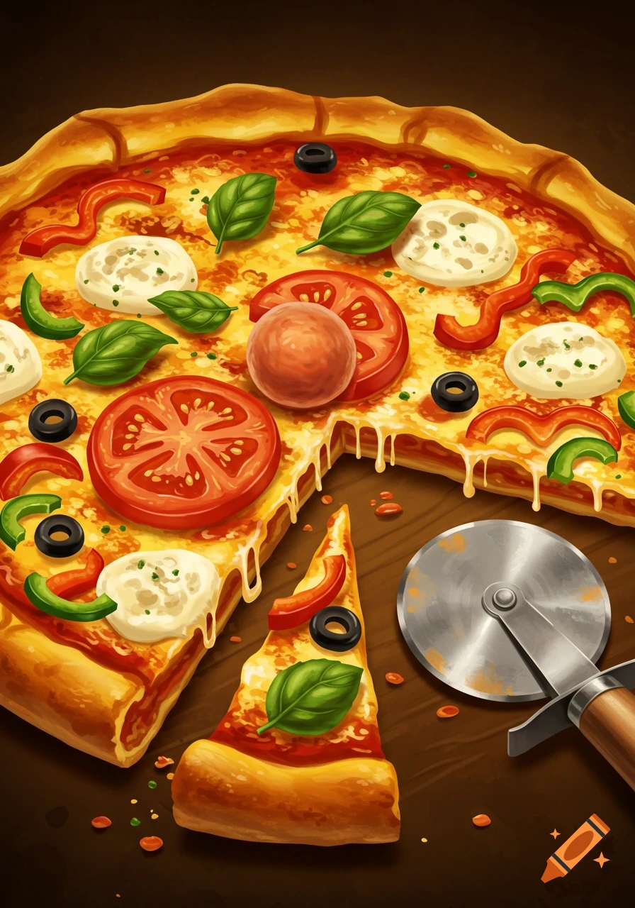 Stylized top-down illustration of a pizza with basil, tomatoes, olives, melted cheese, and a pizza cutter.