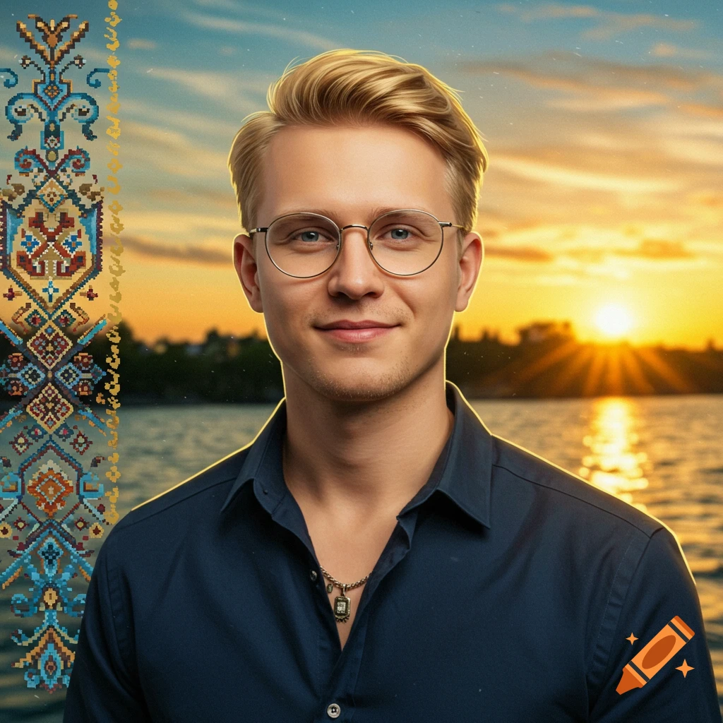 Photorealistic portrait of a smiling blonde man wearing glasses and a blue shirt, with a sunset over water and a Ukrainian folk pattern on the left.
