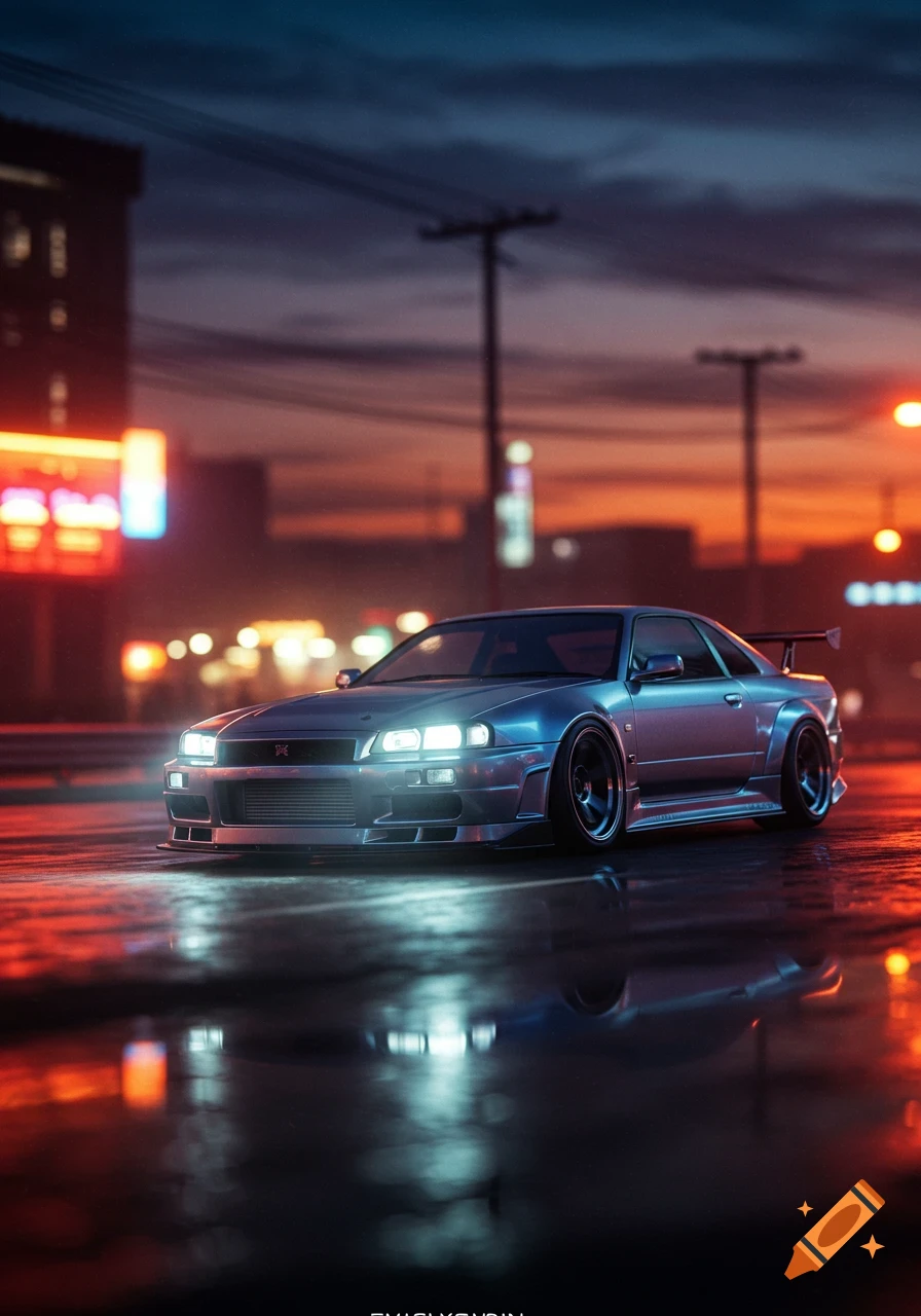 Photorealistic silver Nissan R34 car on a wet city street at night with glowing headlights and neon reflections.