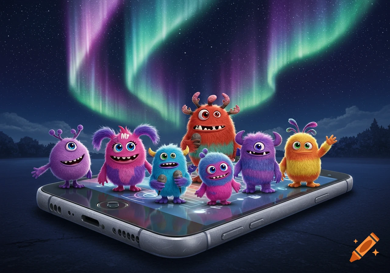 Colorful, fluffy monsters stand on a smartphone screen under a vibrant aurora borealis in the night sky.