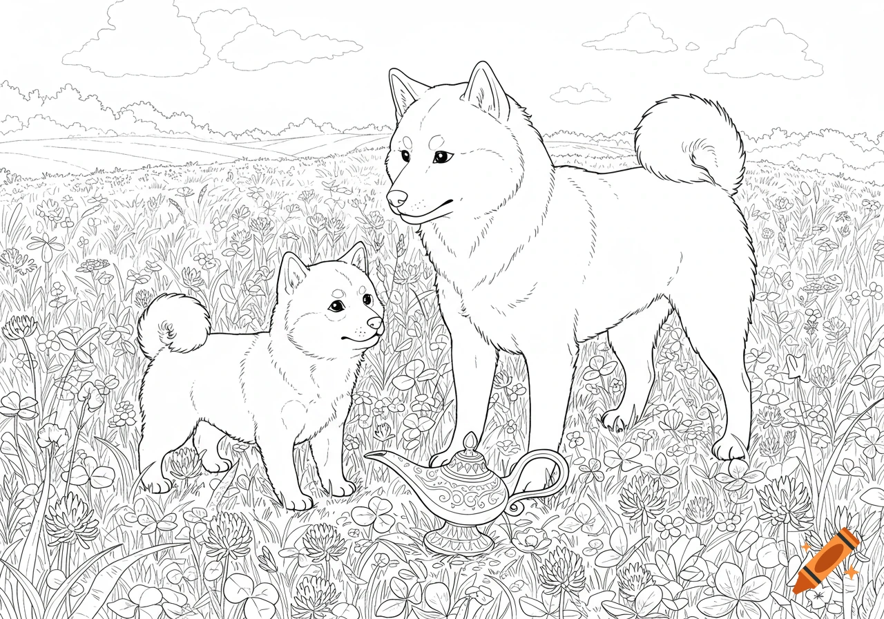 A black and white line art coloring book drawing of a small and large Shiba Inu finding a genie lamp in a detailed meadow.