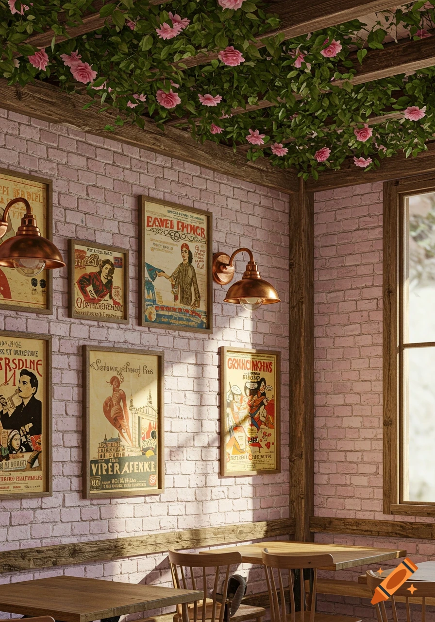 A charming cafe interior with a pink brick wall adorned with vintage-style posters and copper wall lights. Wooden beams are visible, with green vines and pink flowers decorating the ceiling. Wooden tables and chairs fill the foreground.