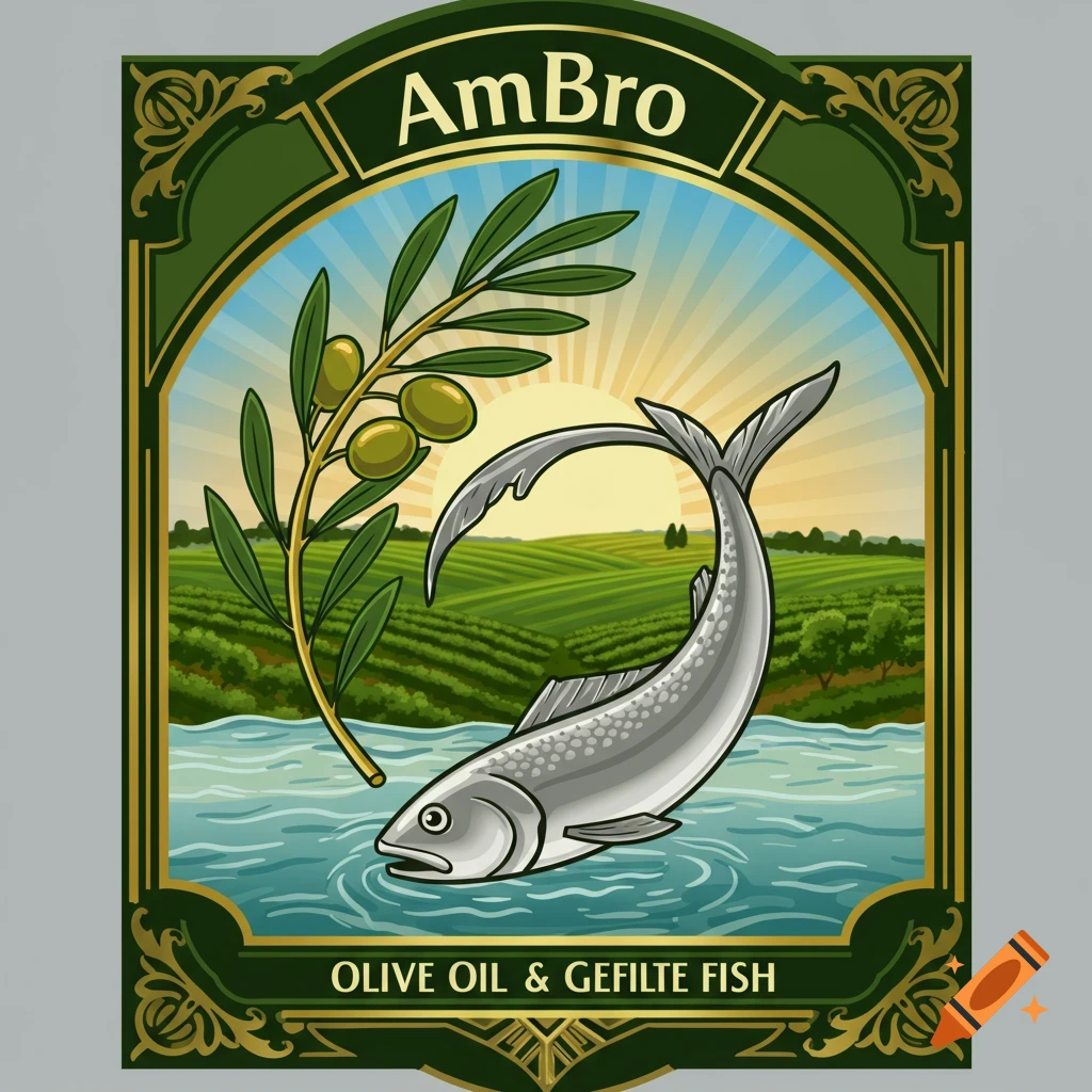 A stylized food label with 'AmBro Olive Oil & Gefilte Fish' text, depicting an olive branch, a fish in water, and a sunlit landscape.