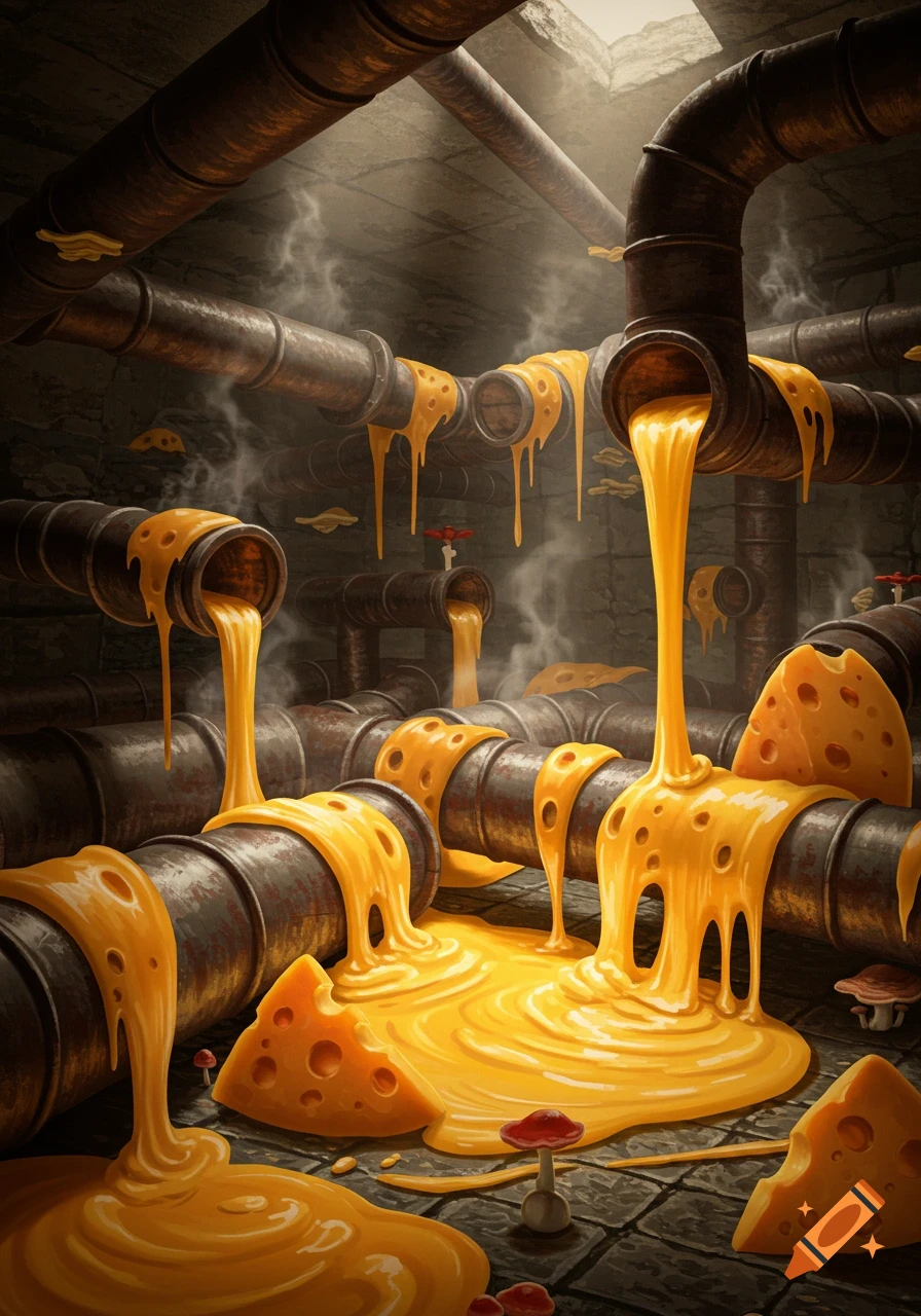 Gooey yellow cheese flows from rusty pipes in a dark, industrial-looking underground setting, with chunks of cheese and small mushrooms on the floor.