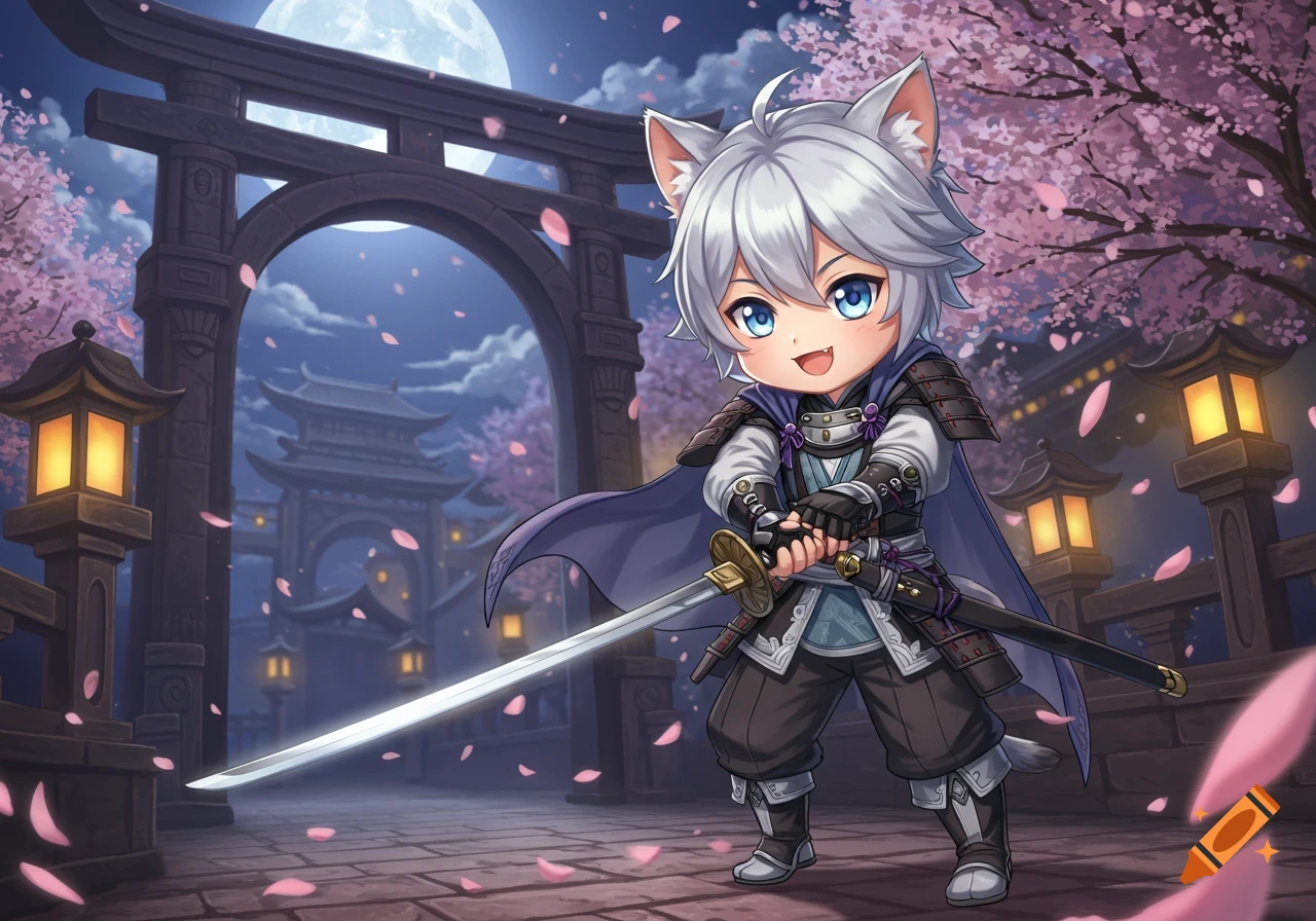 A cute chibi anime catboy swordsman holding a katana, standing at night under a full moon with cherry blossoms and a Japanese torii gate.