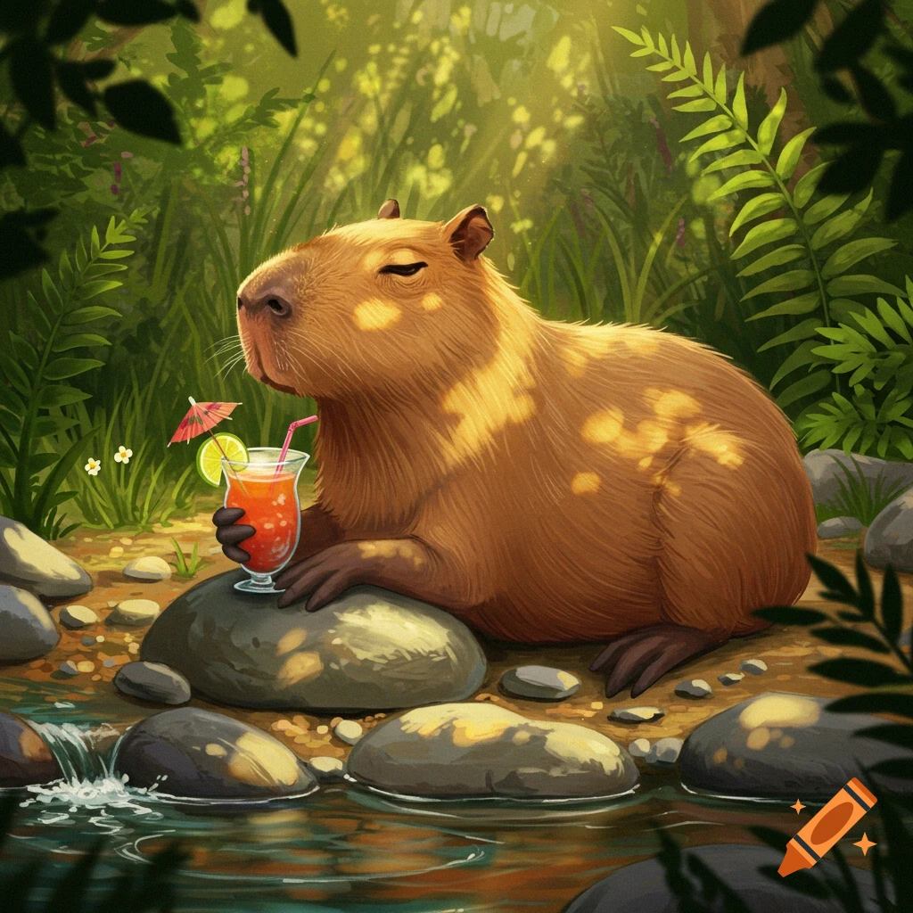 Illustrated capybara relaxing by a stream in a sunny jungle, holding a cocktail with a lime and umbrella.
