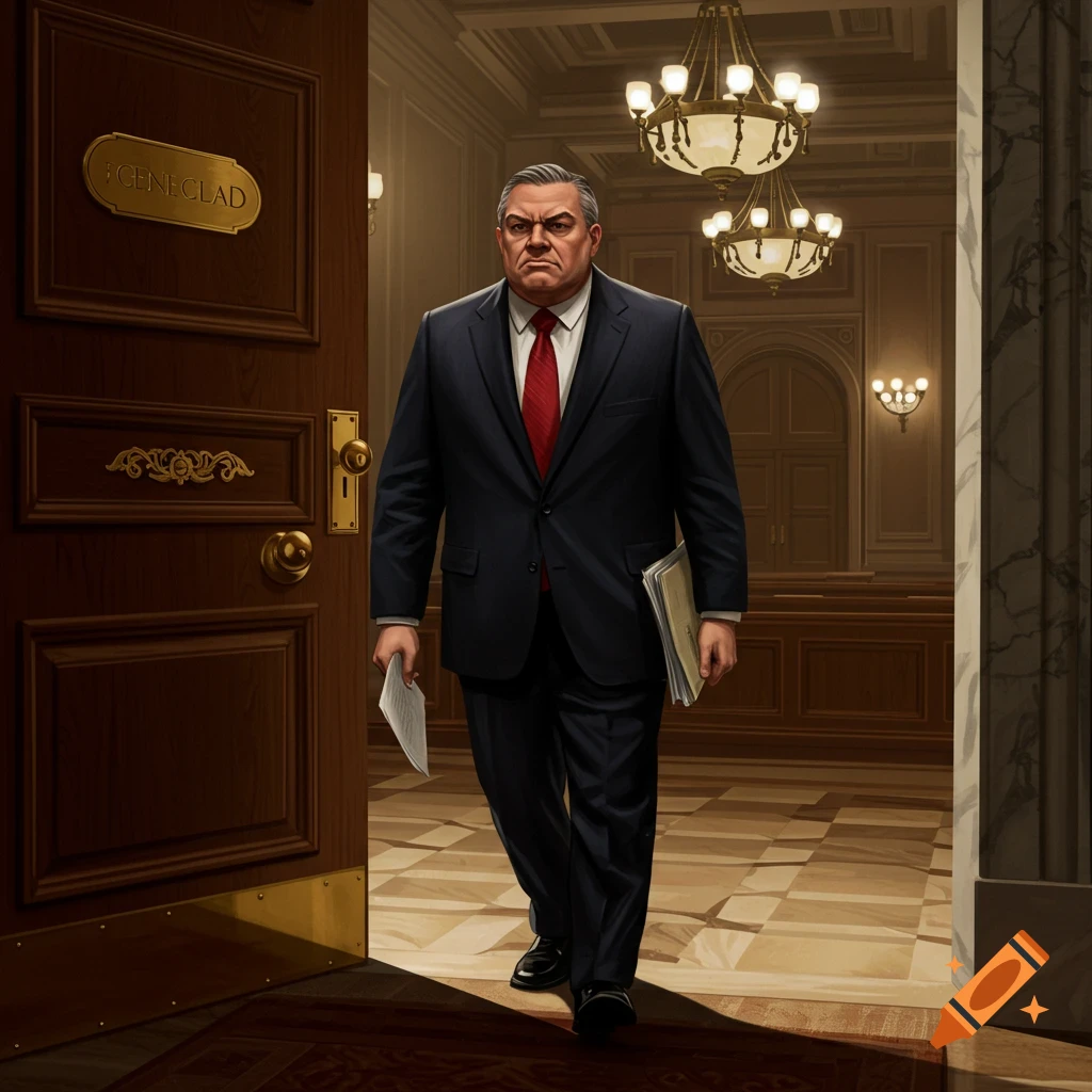 A serious man in a dark suit and red tie walks out of a formal room, holding papers.