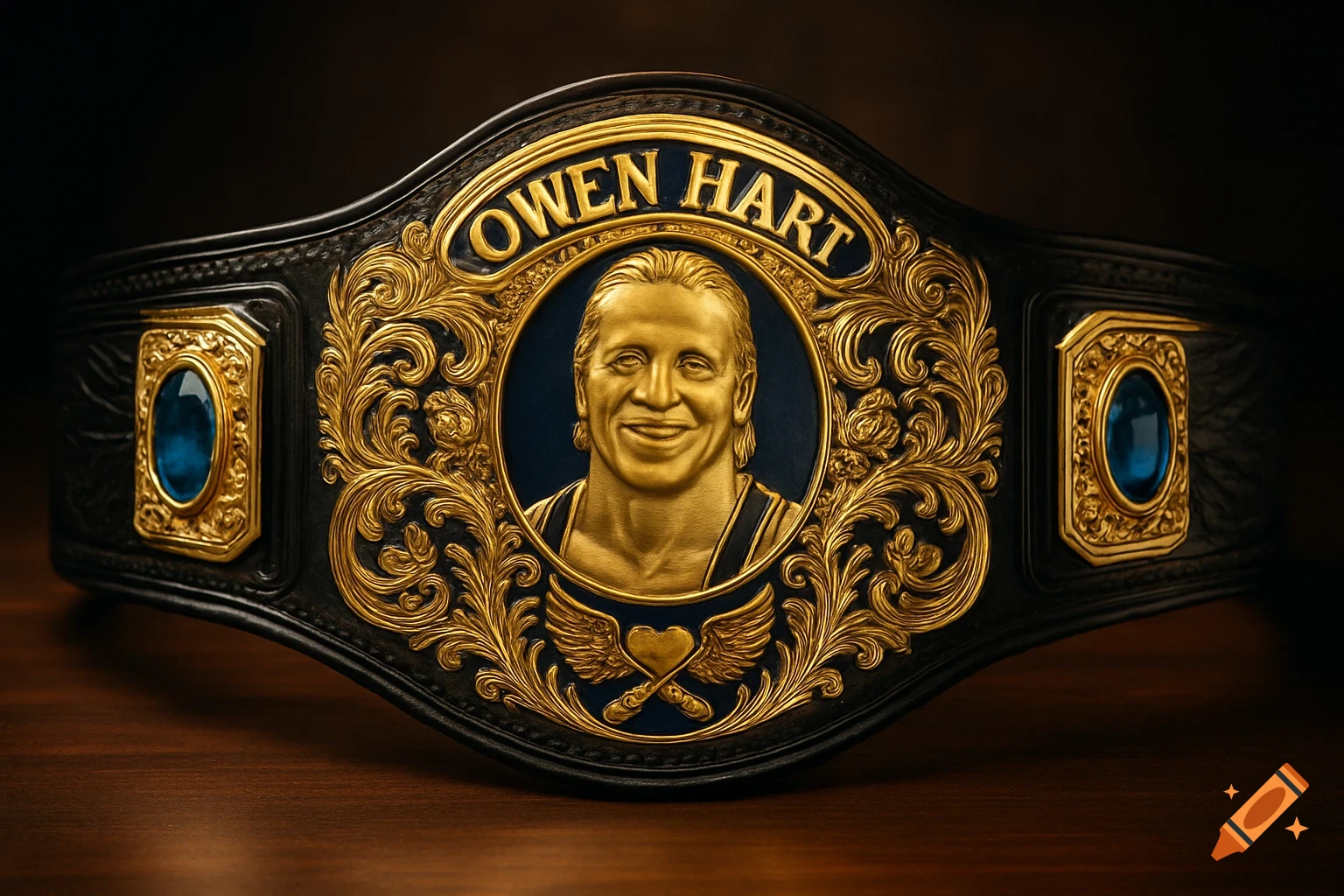 Photorealistic gold and black wrestling championship belt with a relief of Owen Hart, ornate gold filigree, and blue jewels.