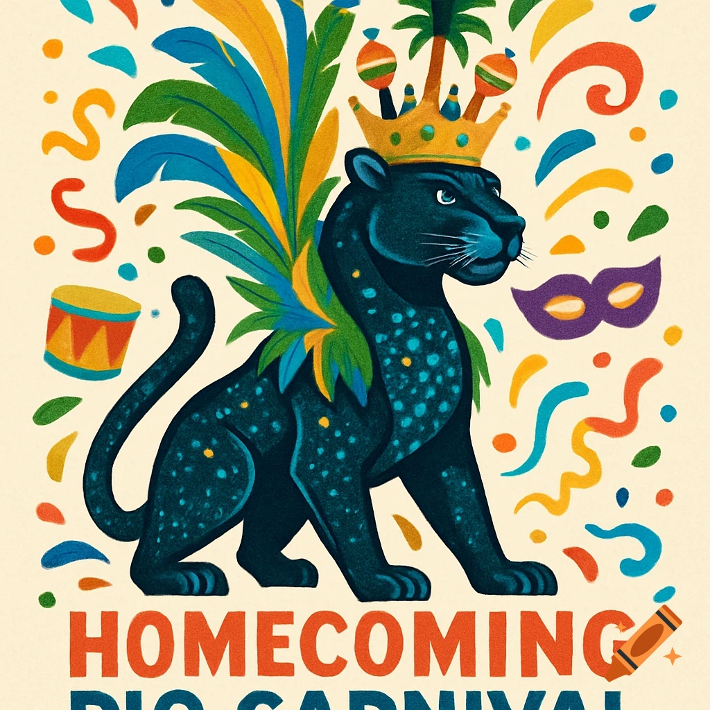 Colorful clipart illustration of a black panther wearing a crown and feathers, with carnival items and 'HOMECOMING RIO CARNIVAL' text.