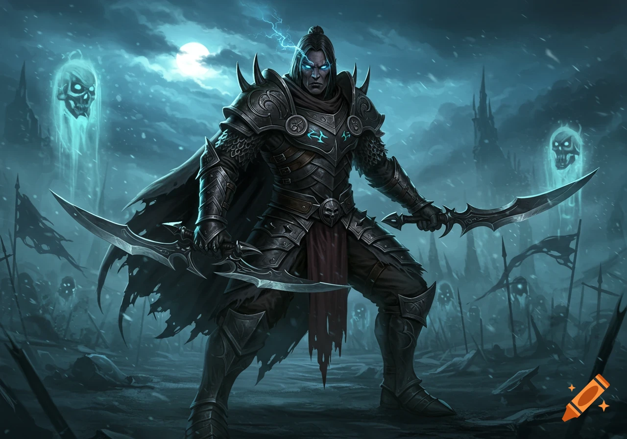 A dark fantasy warrior in spiked black armor with glowing blue eyes and lightning, holding two swords in a snowy graveyard with spectral skulls under a moonlit sky.