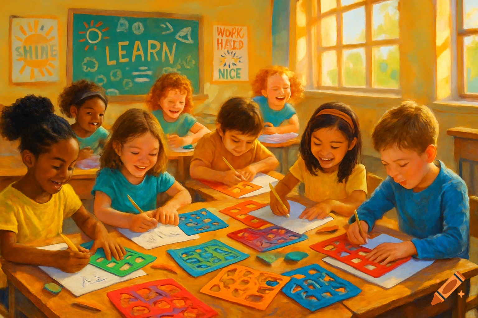 Children in a classroom learning how to write using colorful stencils, depicted in a painterly style. Text 'LEARN' on a blackboard.