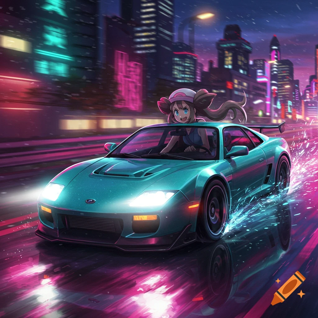 Anime character Pokemon Rosa drives a teal sports car at night in a neon-lit city, stylized.