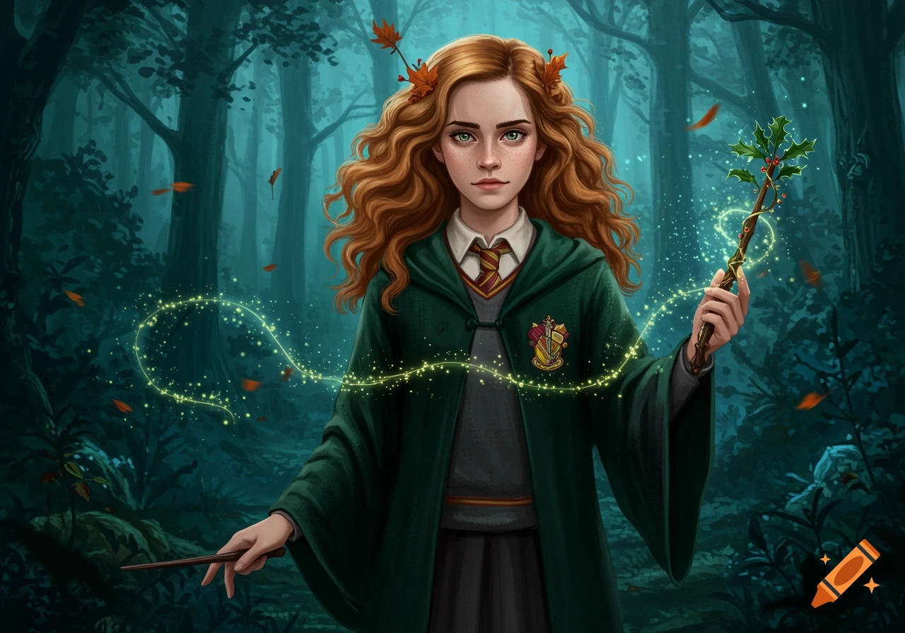 A young witch with curly red hair in a green robe and Gryffindor tie casts a spell in a dark, mystical forest. Digital painting.