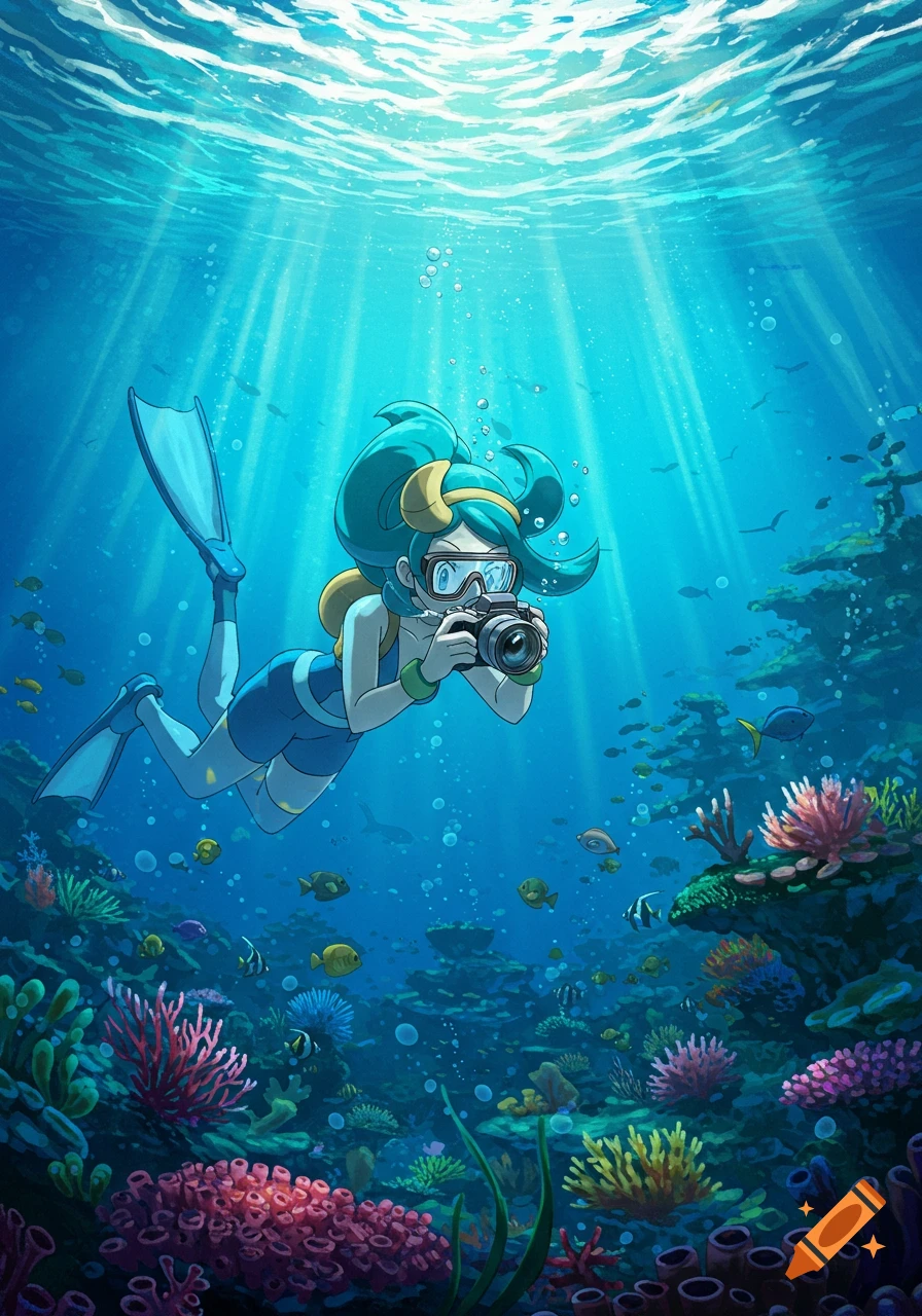 Anime girl with blue hair snorkeling underwater, holding a camera amidst a vibrant coral reef and fish.