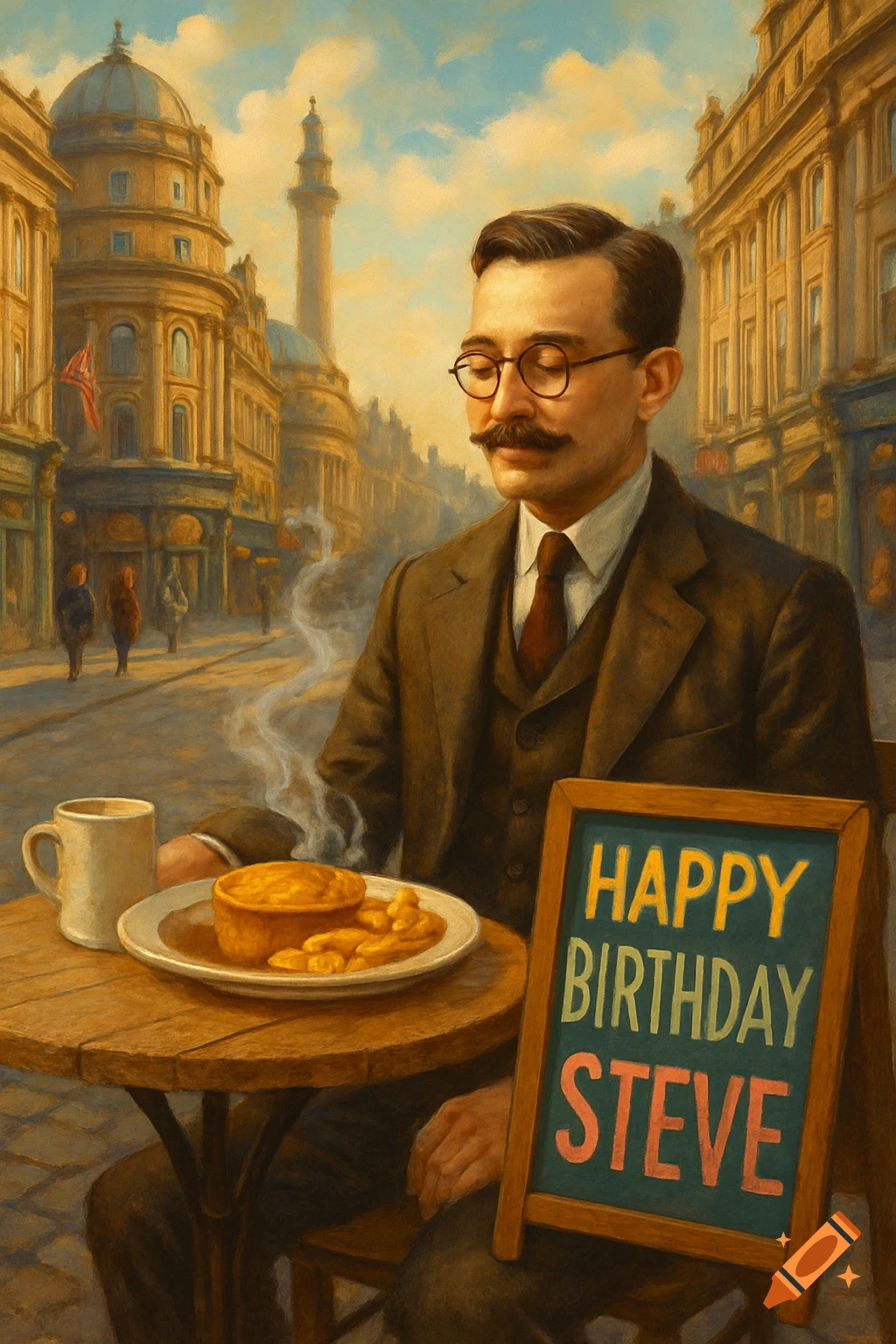 A painting of a man with a mustache and glasses at an outdoor cafe table in a city, with a hot pie and a Happy Birthday Steve sign.
