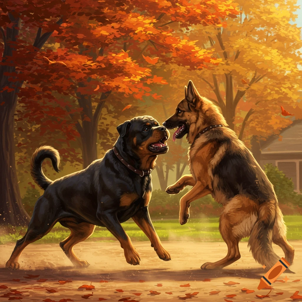 An illustrated scene of a Rottweiler and a German Shepherd playing in an autumn park.